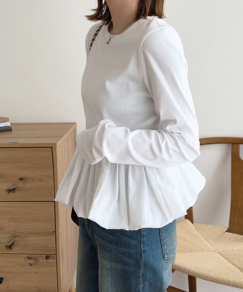 KOBE LETTUCE(コウベレタス)の「ペプラム切替バルーンコットンロンT(Tシャツ/カットソー・レディース・ホワイト×レッド/ピンク/オフホワイト/グレー・M)」の14枚目の写真