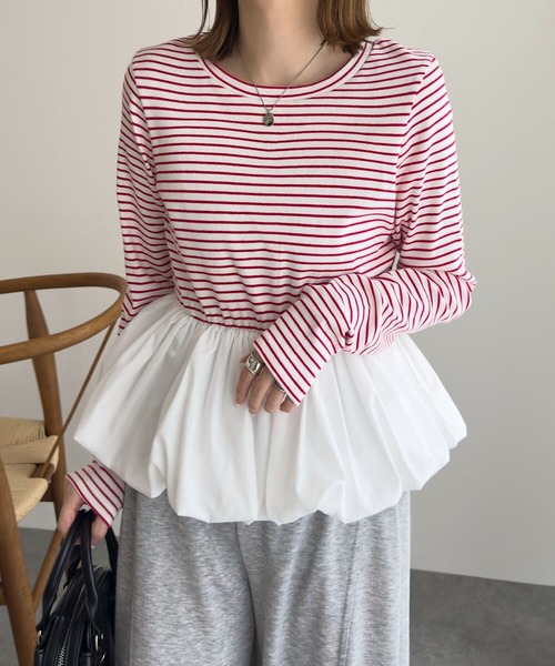 KOBE LETTUCE(コウベレタス)の「ペプラム切替バルーンコットンロンT(Tシャツ/カットソー・レディース・ホワイト×レッド/ピンク/オフホワイト/グレー・M)」の16枚目の写真