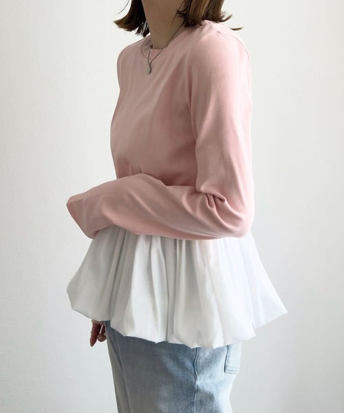 KOBE LETTUCE(コウベレタス)の「ペプラム切替バルーンコットンロンT(Tシャツ/カットソー・レディース・ホワイト×レッド/ピンク/オフホワイト/グレー・M)」の17枚目の写真