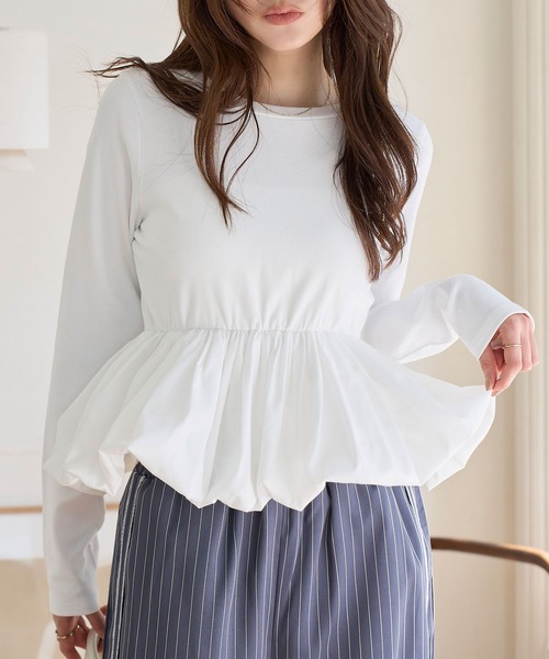 KOBE LETTUCE(コウベレタス)の「ペプラム切替バルーンコットンロンT(Tシャツ/カットソー・レディース・ホワイト×レッド/ピンク/オフホワイト/グレー・M)」の20枚目の写真