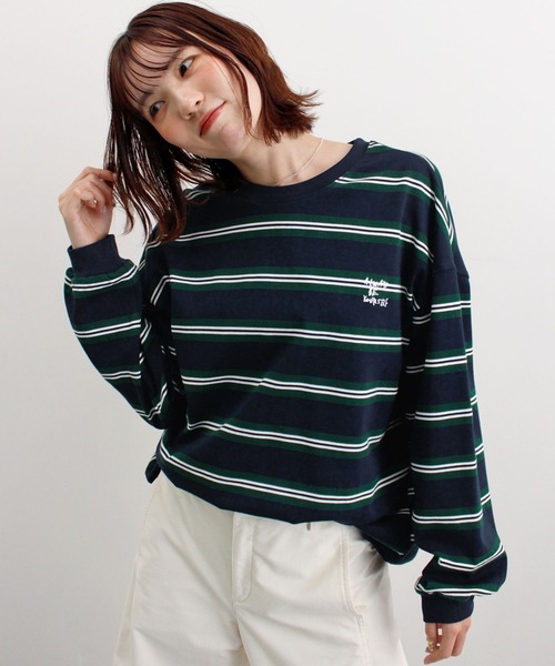 ABYS（アビス）の「ロゴ刺繍ボーダーロンT（Tシャツ/カットソー・レディース・グレー/アイボリー/ネイビー/ブルー・FREE）」の4枚目の写真