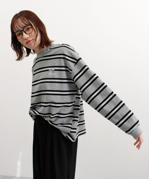 ABYS（アビス）の「ロゴ刺繍ボーダーロンT（Tシャツ/カットソー・レディース・グレー/アイボリー/ネイビー/ブルー・FREE）」の13枚目の写真