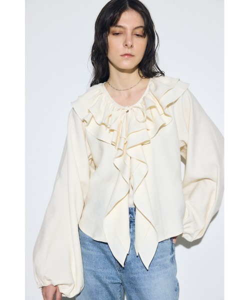 AZUL by moussy(アズールバイマウジー)の「ラッフルロングスリーブブラウス(シャツ/ブラウス・レディース・アイボリー/ブラック/ストライプ・FREE)」の4枚目の写真