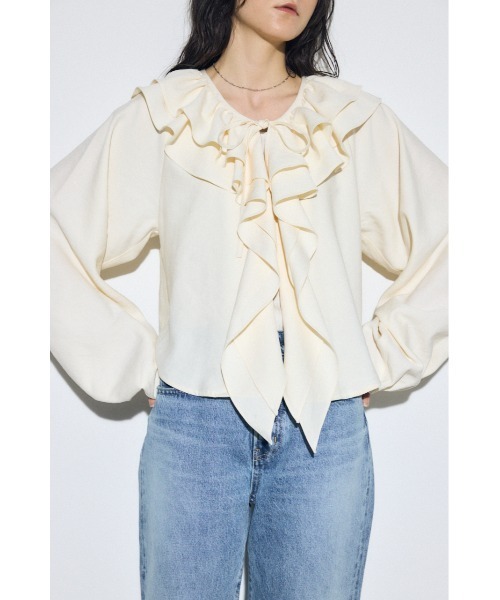 AZUL by moussy(アズールバイマウジー)の「ラッフルロングスリーブブラウス(シャツ/ブラウス・レディース・アイボリー/ブラック/ストライプ・FREE)」の5枚目の写真