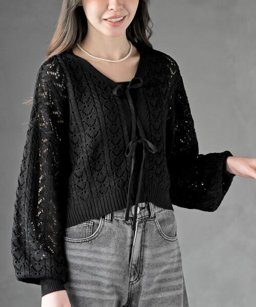 rps（アールピーエス）の「フロントリボン透かし編みニットカーディガン（カーディガン/ボレロ・レディース・ブラック/ミント/オフホワイト・フリー）」の2枚目の写真