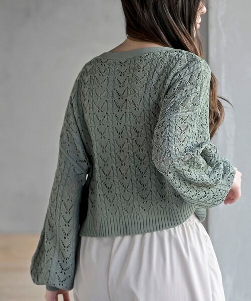 フロントリボン透かし編みニットカーディガン（カーディガン/ボレロ