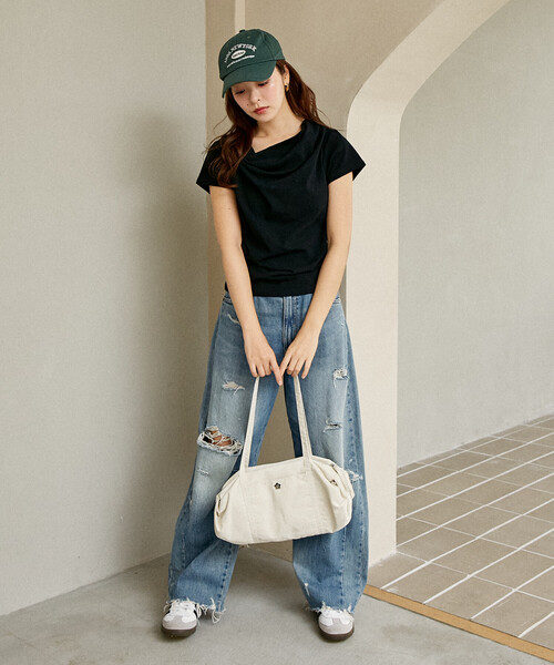 MARY QUANT × PUBLUX/マリークワント ロゴ刺繍 ギャザー ボストン