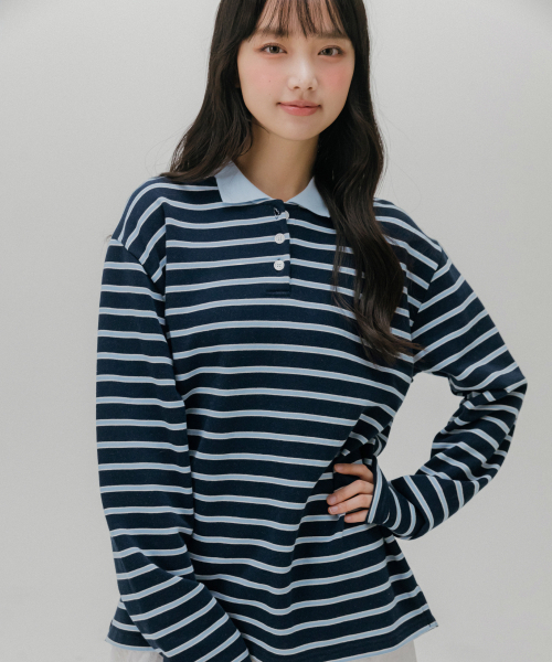MELLOTORY(メロートリー)の「ソフトカラーストライプTシャツ (2色)(ポロシャツ・レディース・ライトグレー/ネイビー・FREE)」の4枚目の写真