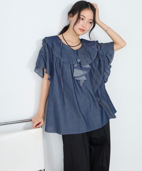 フォクシー　フリル　スリーブ　ブラウス　チュニック　ネイビー　40 セール】【forksy.】ラッフルフリル ライトデニム フレンチスリーブ