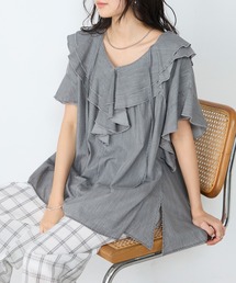 【forksy.】ラッフルフリル ライトデニム フレンチスリーブブラウス