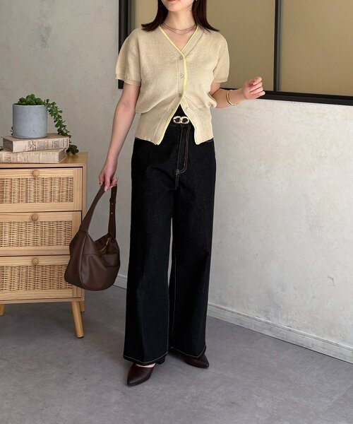 Thevon（ゼボン）の「バイカラー5分袖ショートパフカーディガン（カーディガン/ボレロ・レディース・ベージュ/ネイビー/サックスブルー・FREE）」の8枚目の写真