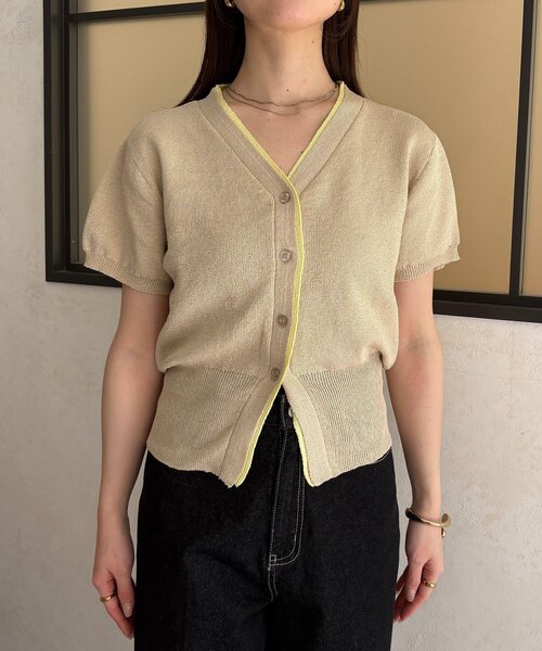 Thevon（ゼボン）の「バイカラー5分袖ショートパフカーディガン（カーディガン/ボレロ・レディース・ベージュ/ネイビー/サックスブルー・FREE）」の12枚目の写真