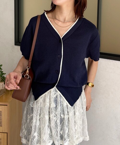 Thevon（ゼボン）の「バイカラー5分袖ショートパフカーディガン（カーディガン/ボレロ・レディース・ベージュ/ネイビー/サックスブルー・FREE）」の19枚目の写真