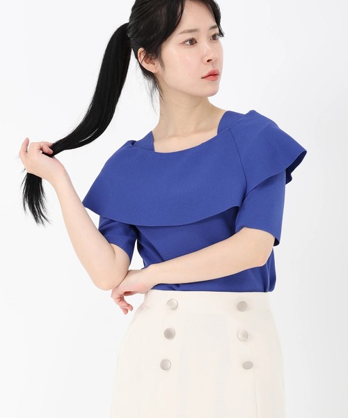 STRAWBERRY-FIELDS（ストロベリーフィールズ）の「アメリ―ストレッチ_オフショル風ケープ衿ニット（ニット/セーター・レディース・ブルー/オフホワイト/ブラック・2）」の3枚目の写真