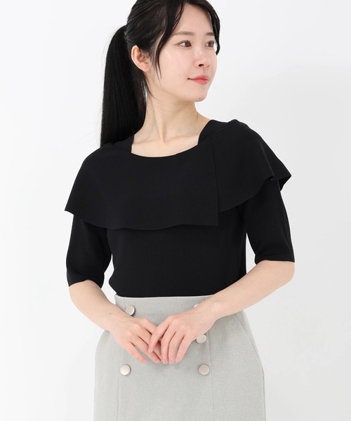 STRAWBERRY-FIELDS（ストロベリーフィールズ）の「アメリ―ストレッチ_オフショル風ケープ衿ニット（ニット/セーター・レディース・ブルー/オフホワイト/ブラック・2）」の2枚目の写真