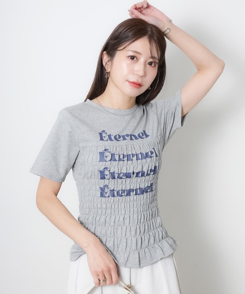 Riberry(リベリー)の「シャーリングコンパクトロゴTシャツ(Tシャツ/カットソー・レディース・ブラック/オフホワイト/杢グレー/ピンク/ネイビー・FREE)」の1枚目の写真