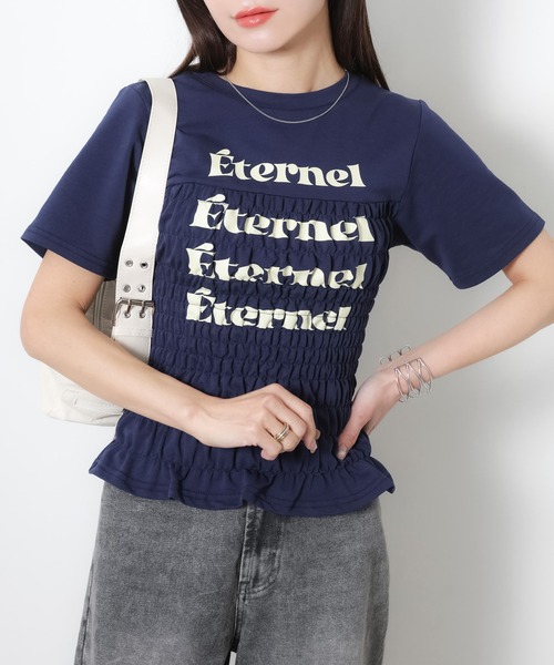 Riberry(リベリー)の「シャーリングコンパクトロゴTシャツ(Tシャツ/カットソー・レディース・ブラック/オフホワイト/杢グレー/ピンク/ネイビー・FREE)」の4枚目の写真