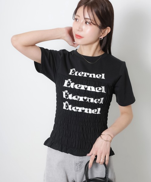 Riberry(リベリー)の「シャーリングコンパクトロゴTシャツ(Tシャツ/カットソー・レディース・ブラック/オフホワイト/杢グレー/ピンク/ネイビー・FREE)」の3枚目の写真