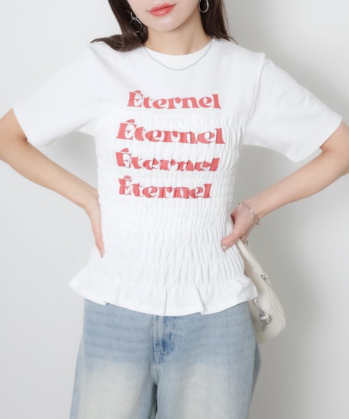 Riberry(リベリー)の「シャーリングコンパクトロゴTシャツ(Tシャツ/カットソー・レディース・ブラック/オフホワイト/杢グレー/ピンク/ネイビー・FREE)」の6枚目の写真