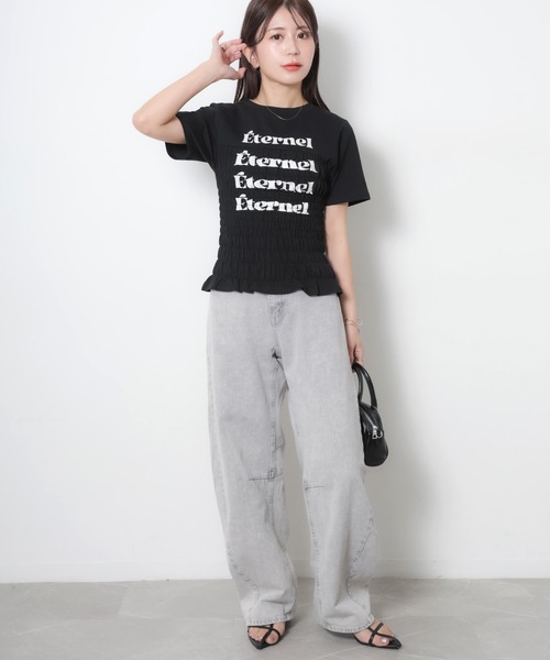 Riberry(リベリー)の「シャーリングコンパクトロゴTシャツ(Tシャツ/カットソー・レディース・ブラック/オフホワイト/杢グレー/ピンク/ネイビー・FREE)」の11枚目の写真
