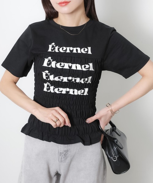 Riberry(リベリー)の「シャーリングコンパクトロゴTシャツ(Tシャツ/カットソー・レディース・ブラック/オフホワイト/杢グレー/ピンク/ネイビー・FREE)」の9枚目の写真