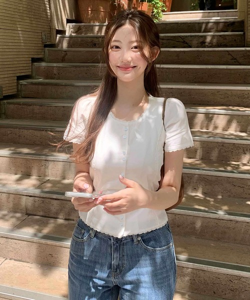 Girly Doll(ガーリードール)の「ウエストリボンノーカラー半袖レースブラウス(シャツ/ブラウス・レディース・ホワイト/ブラック・M/L)」の14枚目の写真