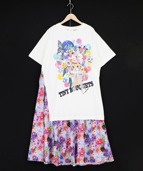 ScoLar(スカラー)の「162670:レースリボン×花ネコプリント 花柄スリット切替ワンピース(ワンピース・レディース・イエロー/ブラック/オフホワイト・M)」の2枚目の写真