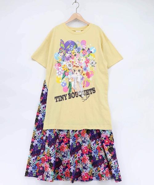 ScoLar(スカラー)の「162670:レースリボン×花ネコプリント 花柄スリット切替ワンピース(ワンピース・レディース・イエロー/ブラック/オフホワイト・M)」の1枚目の写真
