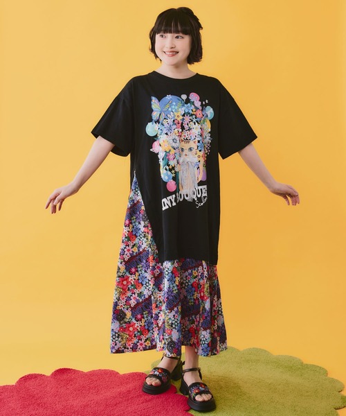 ScoLar(スカラー)の「162670:レースリボン×花ネコプリント 花柄スリット切替ワンピース(ワンピース・レディース・イエロー/ブラック/オフホワイト・M)」の3枚目の写真