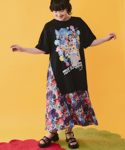 ScoLar(スカラー)の「162670:レースリボン×花ネコプリント 花柄スリット切替ワンピース(ワンピース・レディース・イエロー/ブラック/オフホワイト・M)」の8枚目の写真