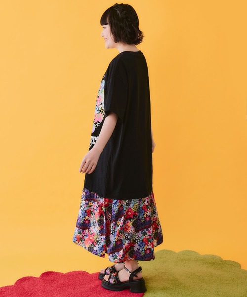 ScoLar(スカラー)の「162670:レースリボン×花ネコプリント 花柄スリット切替ワンピース(ワンピース・レディース・イエロー/ブラック/オフホワイト・M)」の9枚目の写真