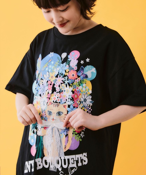ScoLar(スカラー)の「162670:レースリボン×花ネコプリント 花柄スリット切替ワンピース(ワンピース・レディース・イエロー/ブラック/オフホワイト・M)」の11枚目の写真