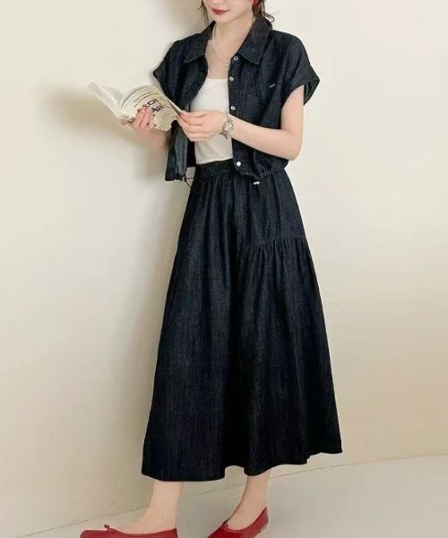 FAVORITO（ファヴォリート）の「デニムシャツスカートセットアップ（セットアップ・レディース・ダークブルー/ライトブルー・F）」の6枚目の写真