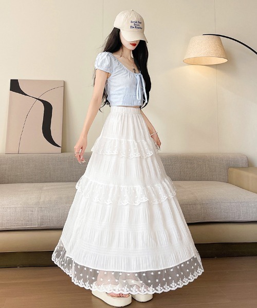 NoBelle(ノベル)の「シアーフリルレース ロングスカート(スカート・レディース・ホワイト・L/M/S)」の2枚目の写真