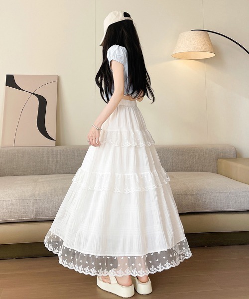 NoBelle(ノベル)の「シアーフリルレース ロングスカート(スカート・レディース・ホワイト・L/M/S)」の3枚目の写真