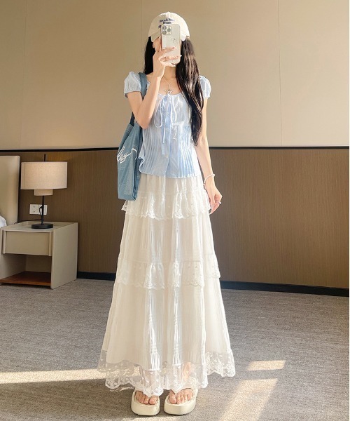 NoBelle(ノベル)の「シアーフリルレース ロングスカート(スカート・レディース・ホワイト・L/M/S)」の6枚目の写真