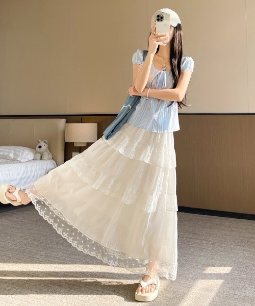 NoBelle(ノベル)の「シアーフリルレース ロングスカート(スカート・レディース・ホワイト・L/M/S)」の8枚目の写真