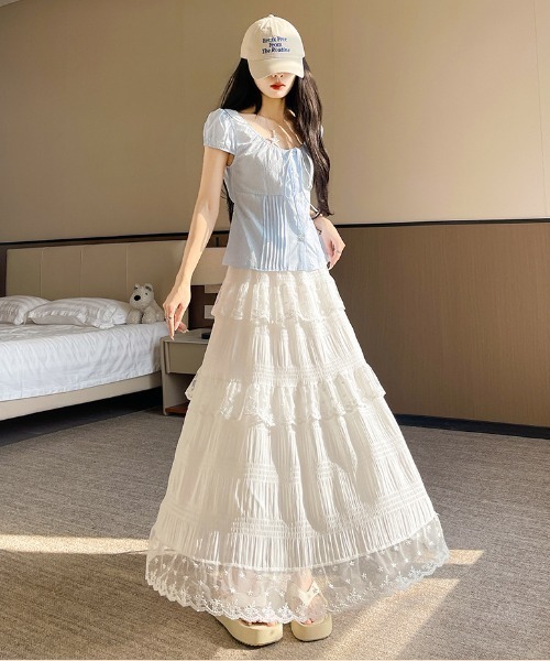 NoBelle(ノベル)の「シアーフリルレース ロングスカート(スカート・レディース・ホワイト・L/M/S)」の4枚目の写真