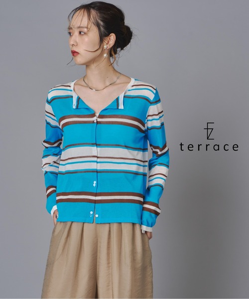 terrace(テラス)の「【接触冷感】マルチボーダーニットカーディガン(カーディガン/ボレロ・レディース・ブルー/アイボリー/ブラック・FREE)」の1枚目の写真