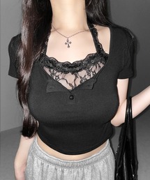 【 3color 】レースレイヤードホルターヘンリーネック半袖Tシャツ / lace layered halter henley neck short sleeve T-shirt