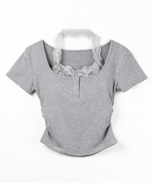 me+em select(ミームセレクト)の「【 3color 】レースレイヤードホルターヘンリーネック半袖Tシャツ / lace layered halter henley neck short sleeve T-shirt(Tシャツ/カットソー・レディース・ブラック/ホワイト/グレー・FREE)」の11枚目の写真
