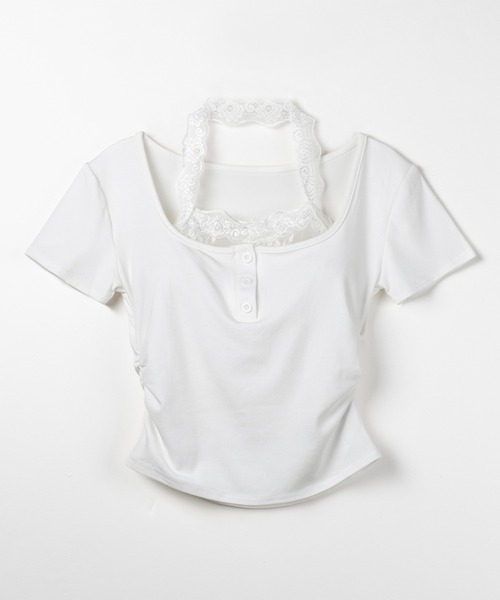 me+em select(ミームセレクト)の「【 3color 】レースレイヤードホルターヘンリーネック半袖Tシャツ / lace layered halter henley neck short sleeve T-shirt(Tシャツ/カットソー・レディース・ブラック/ホワイト/グレー・FREE)」の10枚目の写真