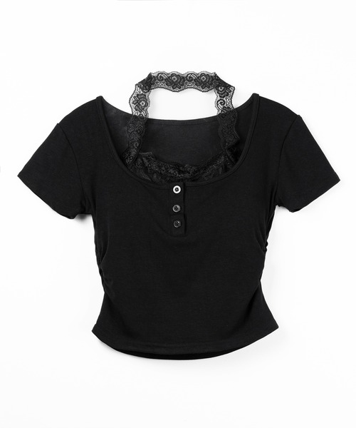 me+em select(ミームセレクト)の「【 3color 】レースレイヤードホルターヘンリーネック半袖Tシャツ / lace layered halter henley neck short sleeve T-shirt(Tシャツ/カットソー・レディース・ブラック/ホワイト/グレー・FREE)」の12枚目の写真