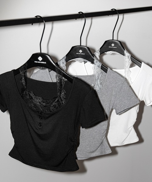 me+em select(ミームセレクト)の「【 3color 】レースレイヤードホルターヘンリーネック半袖Tシャツ / lace layered halter henley neck short sleeve T-shirt(Tシャツ/カットソー・レディース・ブラック/ホワイト/グレー・FREE)」の17枚目の写真