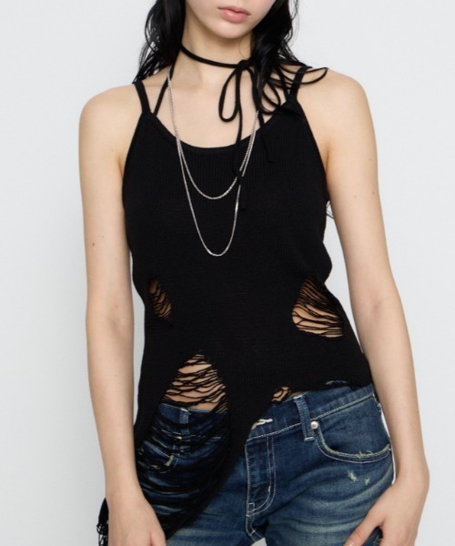 LAGUA GEM（ラグアジェム）の「CRASH KNIT CAMI トップス（キャミソール・レディース・オフホワイト/ブラック/カーキ・FREE）」の3枚目の写真