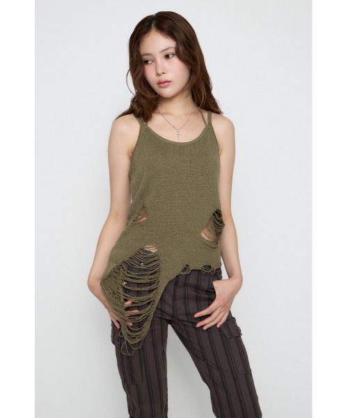 LAGUA GEM（ラグアジェム）の「CRASH KNIT CAMI トップス（キャミソール・レディース・オフホワイト/ブラック/カーキ・FREE）」の5枚目の写真