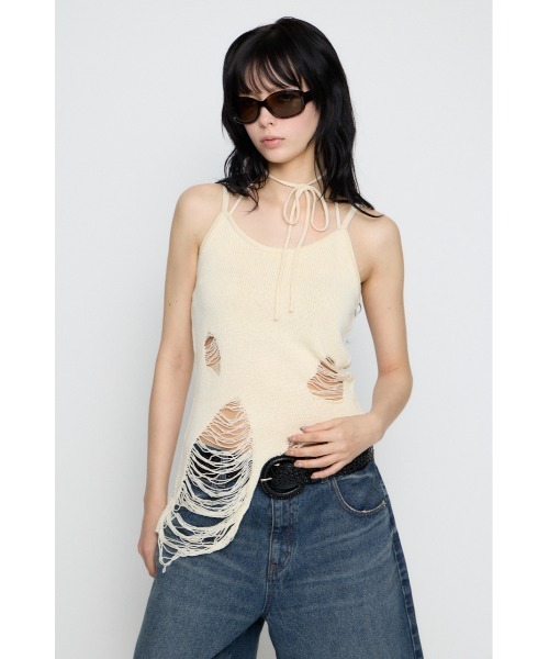 LAGUA GEM（ラグアジェム）の「CRASH KNIT CAMI トップス（キャミソール・レディース・オフホワイト/ブラック/カーキ・FREE）」の9枚目の写真