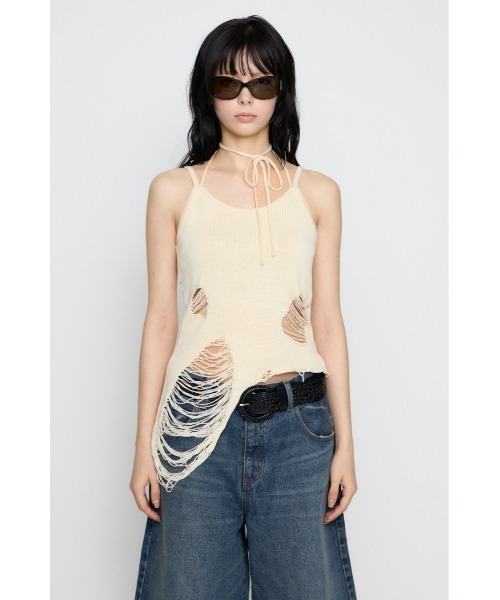 LAGUA GEM（ラグアジェム）の「CRASH KNIT CAMI トップス（キャミソール・レディース・オフホワイト/ブラック/カーキ・FREE）」の8枚目の写真
