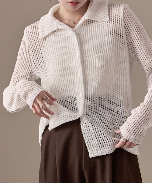 Fashion Letter(ファッションレター)の「ストレッチレース長袖シャツ(カーディガン/ボレロ・レディース・イエロー/ブラック/ホワイト/モカ・M)」の1枚目の写真