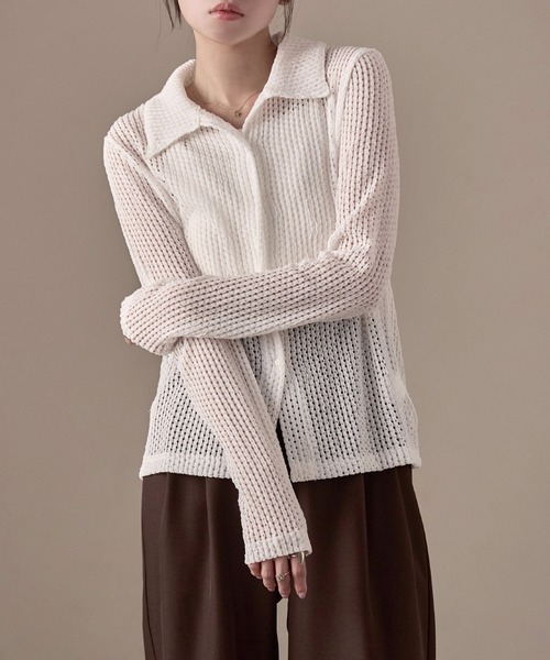 Fashion Letter(ファッションレター)の「ストレッチレース長袖シャツ(カーディガン/ボレロ・レディース・イエロー/ブラック/ホワイト/モカ・M)」の13枚目の写真
